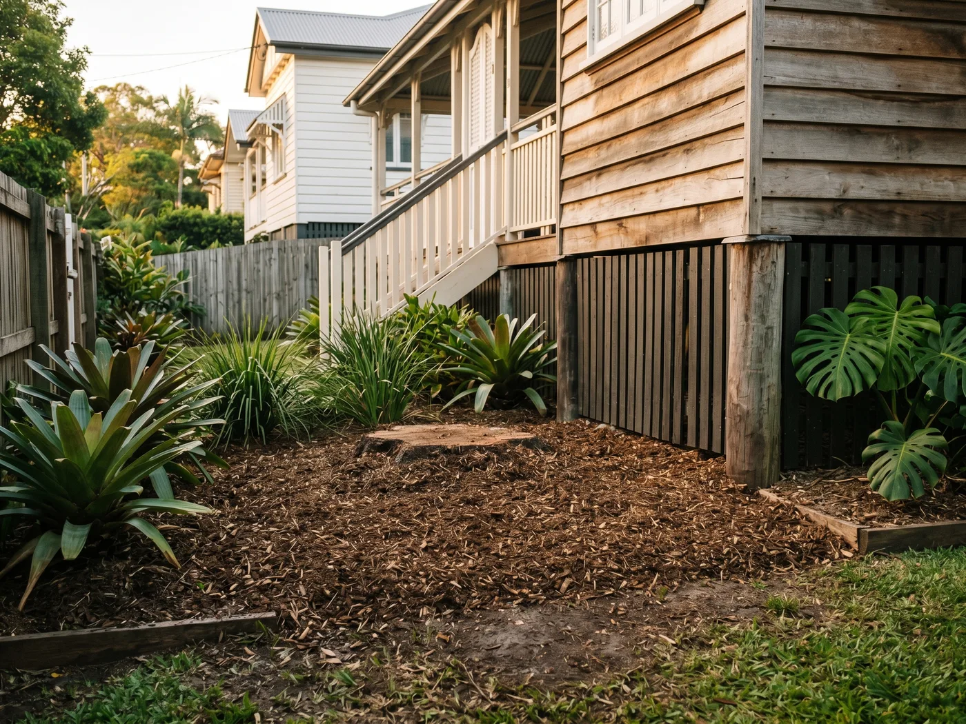 Close-up of a finished stump grinding job on a Brisbane home
